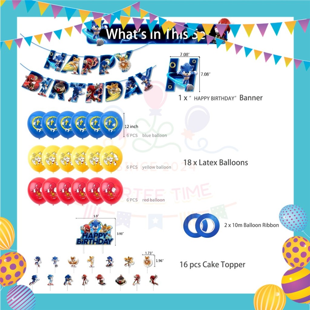 ParteeTime Kids Birthday Party Celebration Decoration Set New Sonic 4 in 1 Hiasan Majlis Sambutan Hari Jadi Kanak-Kanak